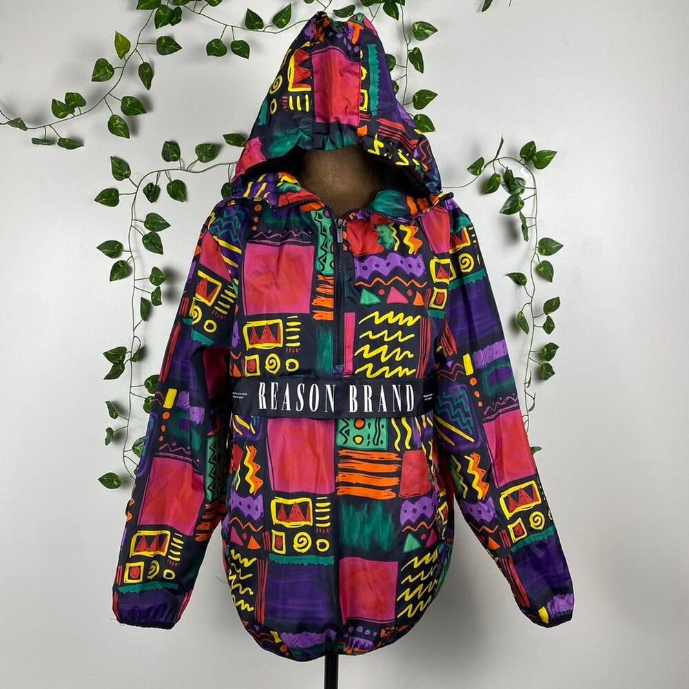 Reason Brand Retro 90s windbreaker rain Jacket memphis multicolored 80s